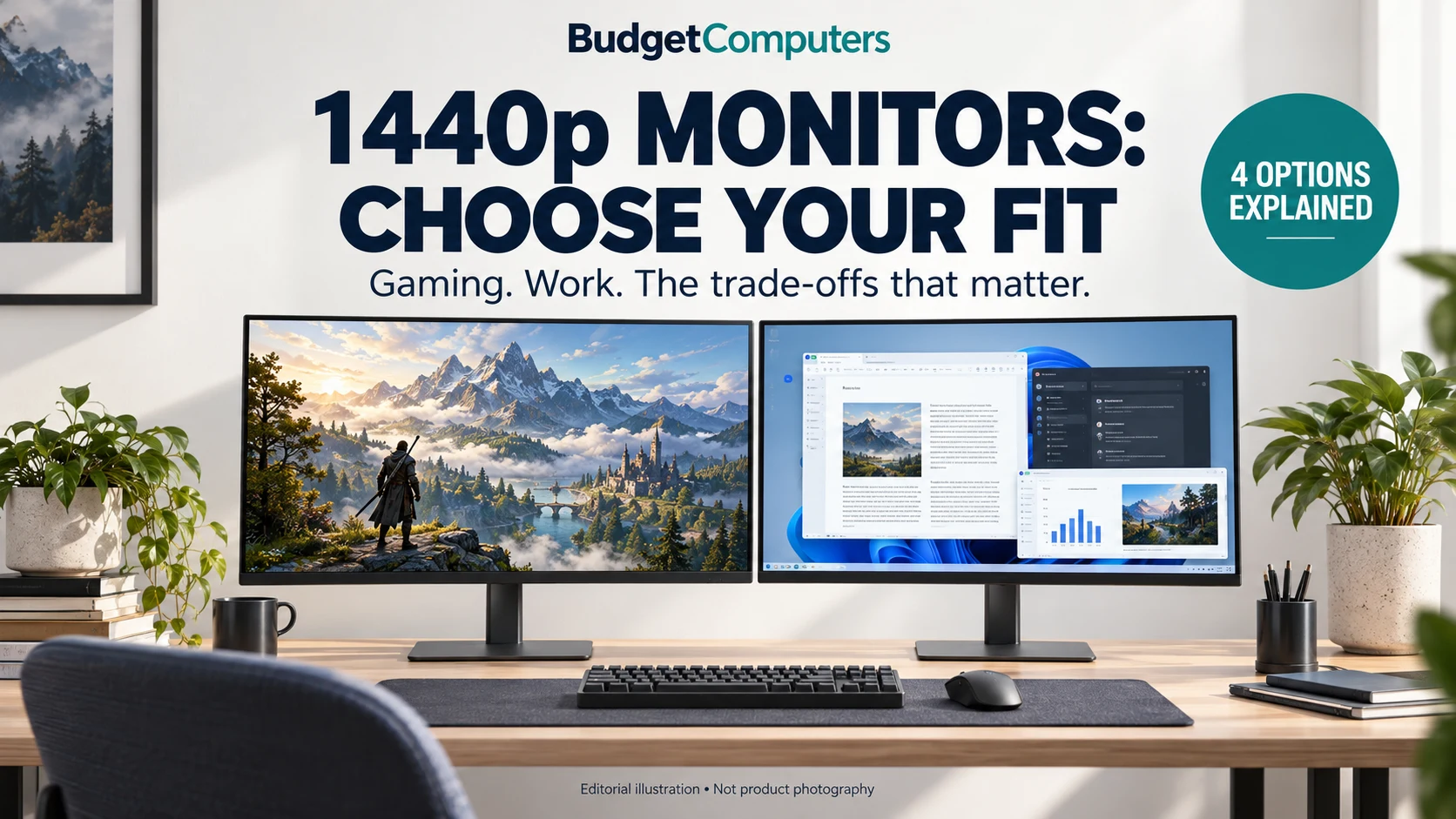 1440p monitors: choose your fit. Editorial illustration of two monitors for gaming and work