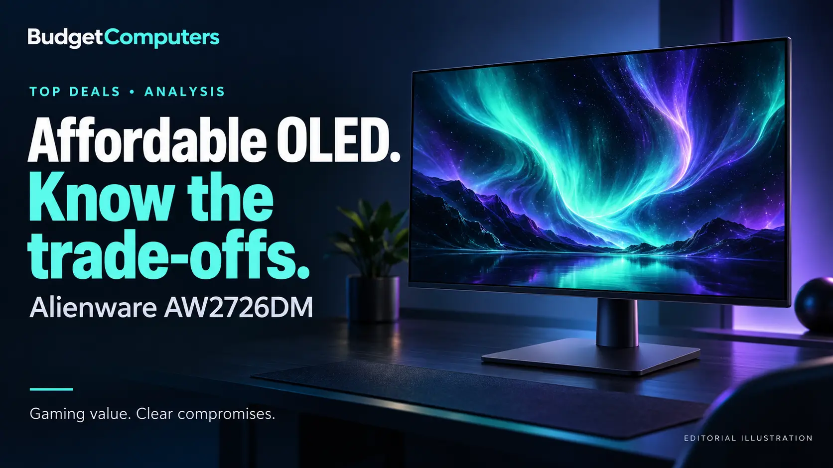 BudgetComputers cover: Affordable OLED. Know the trade-offs. Alienware AW2726DM.