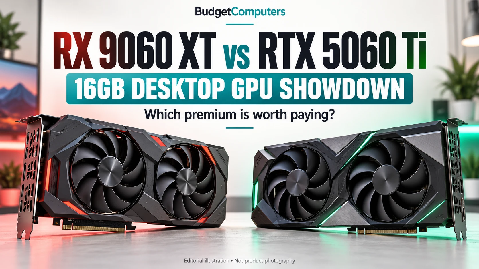 Editorial illustration comparing two desktop graphics cards: RX 9060 XT and RTX 5060 Ti, both 16GB