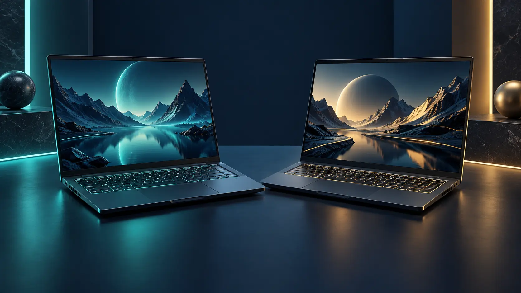 Two illustrative gaming laptops under aqua and gold lighting.