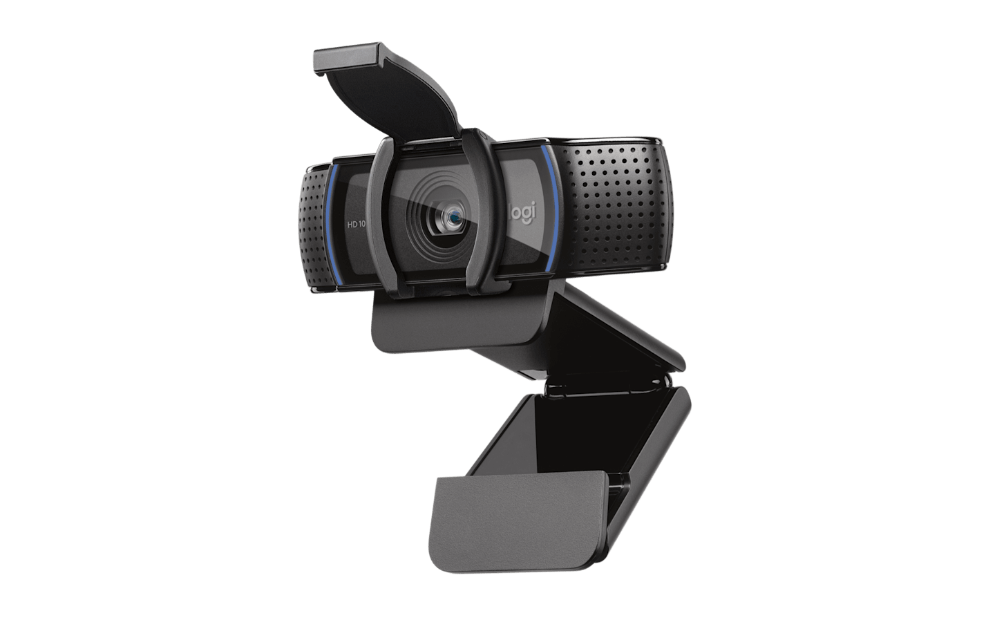 Logitech C920s with its privacy shutter open and adjustable mounting clip