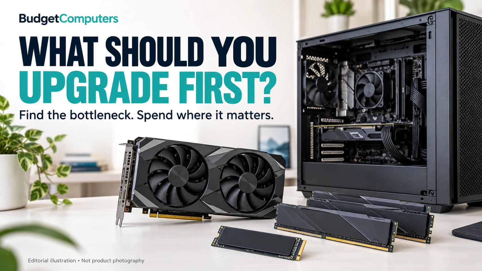 What should you upgrade first? A desktop PC with illustrated graphics card, RAM and SSD