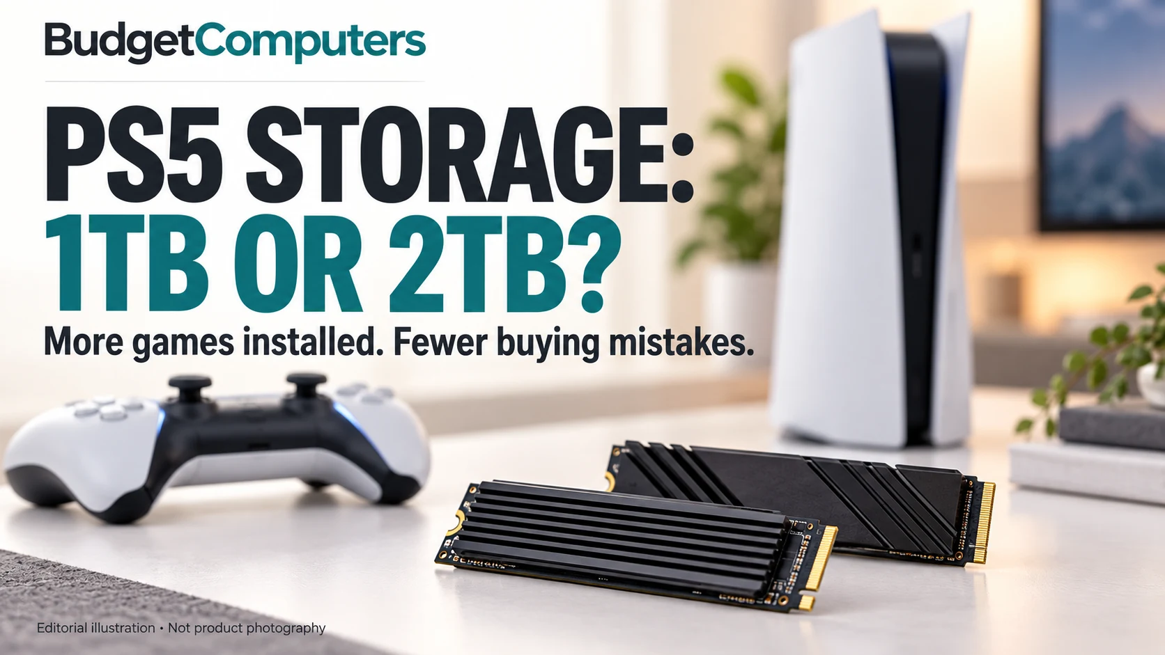 PS5 storage: 1TB or 2TB? Editorial illustration of heatsink-equipped SSDs beside a console