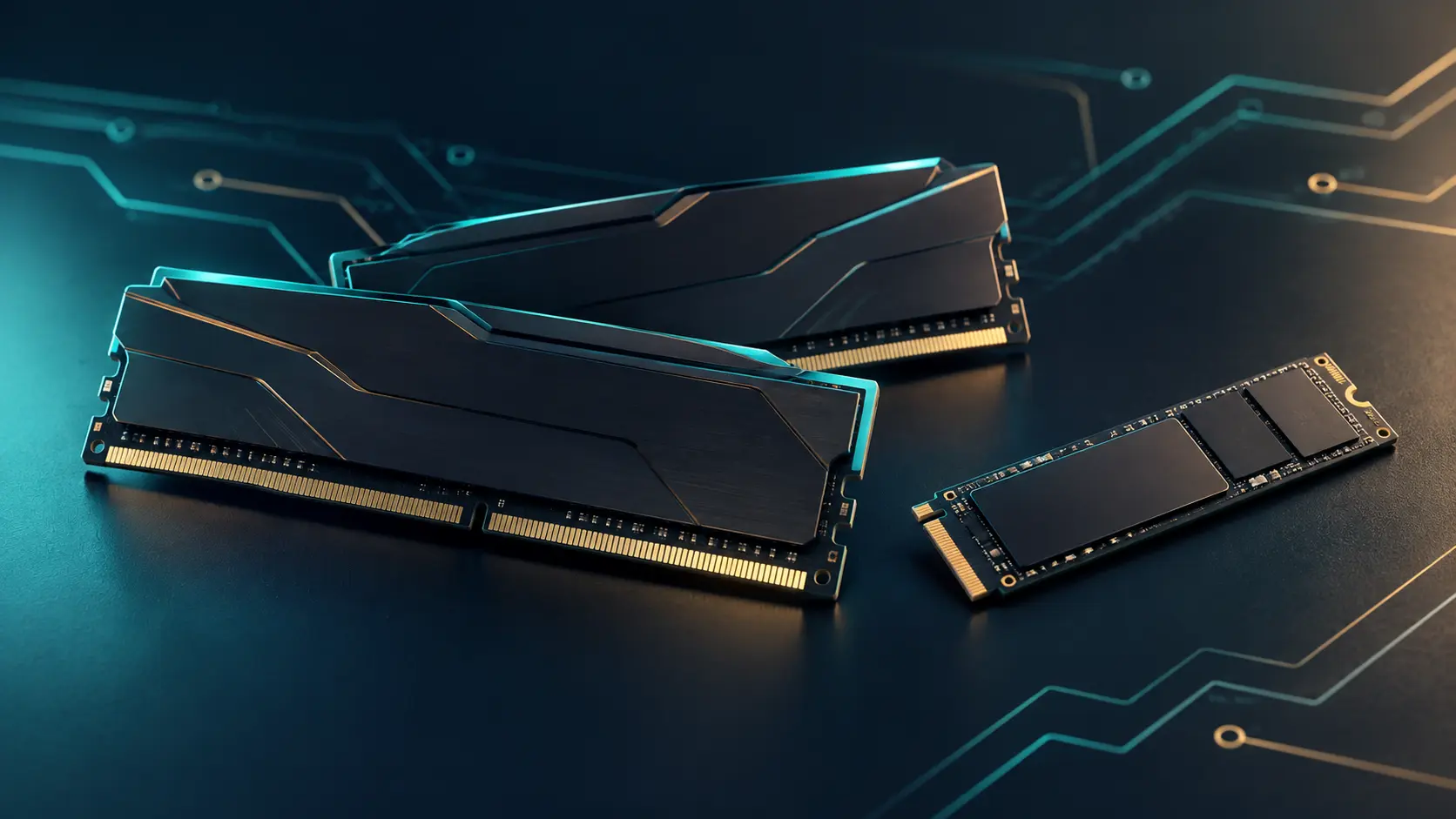 Illustrative memory modules and an M.2 storage drive on a navy surface.
