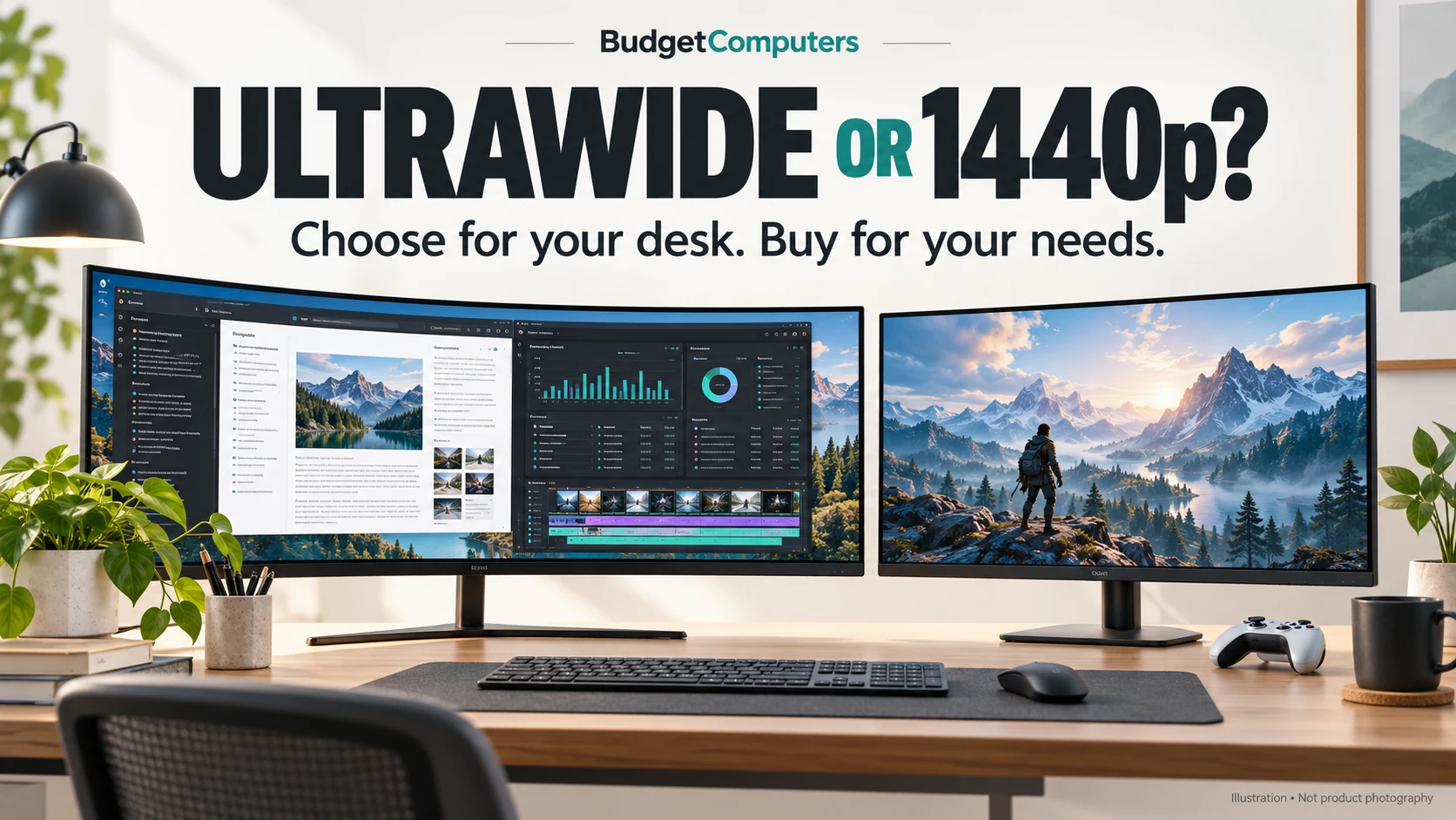 Illustration of an ultrawide monitor beside a standard widescreen monitor on a desk