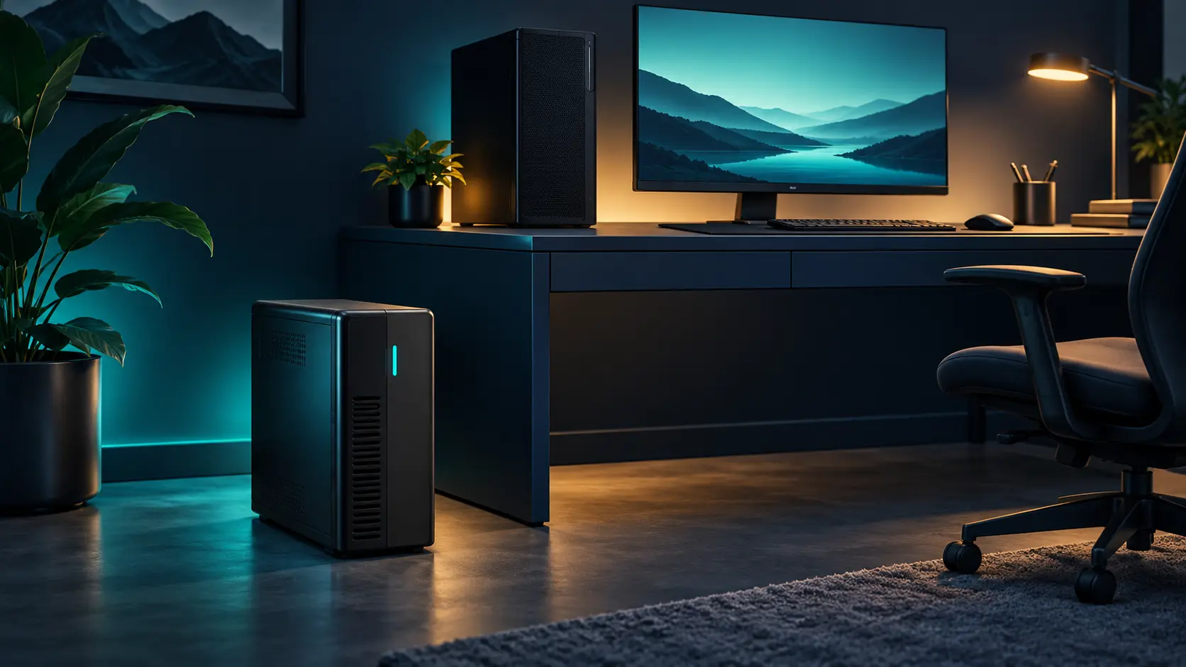 Illustrative desktop workspace with a compact UPS beside the desk.