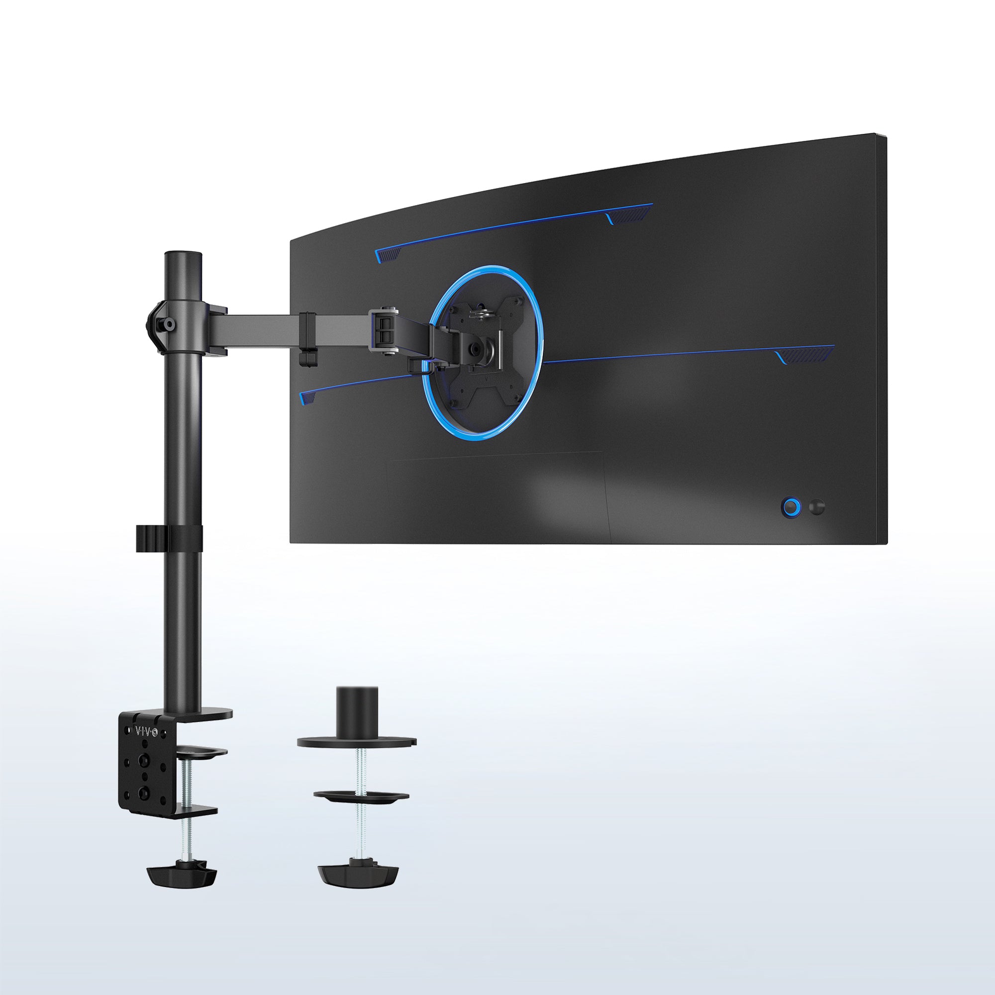 Official VIVO STAND-V001 product image showing its monitor arm, desk clamp and alternative grommet mounting hardware